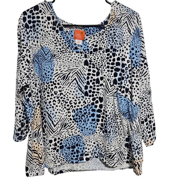 Hearts Of Palm Animal Print Top Womens Plus Size 1X Blue Black 3/4 Sleeve Blouse - Picture 1 of 4